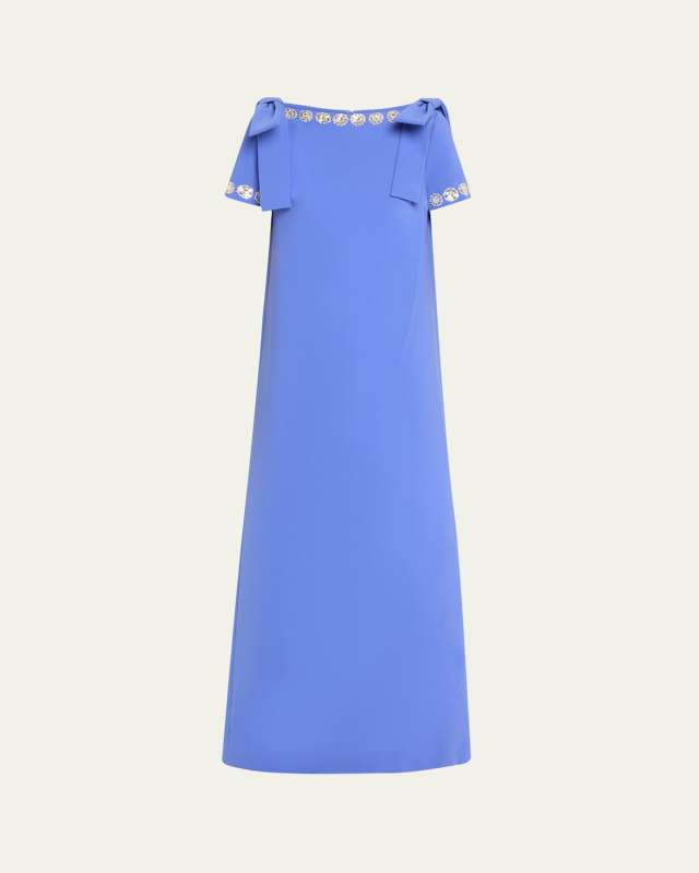 Crystal-Trim Boatneck Column Gown With Shoulder Bows